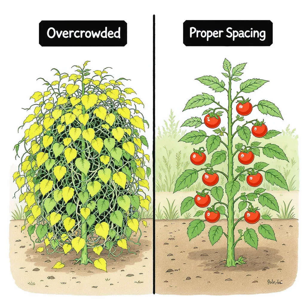 Illustration Comparing Overcrowded Tomato Plants With Properly Spaced Healthy