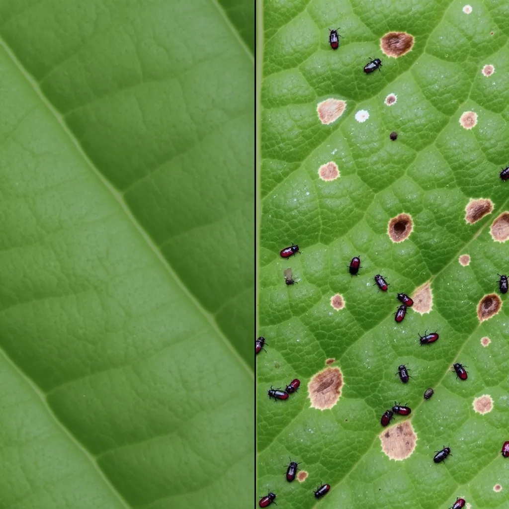 Close-up Side-by-side Of A Healthy Green Leaf And With Pest