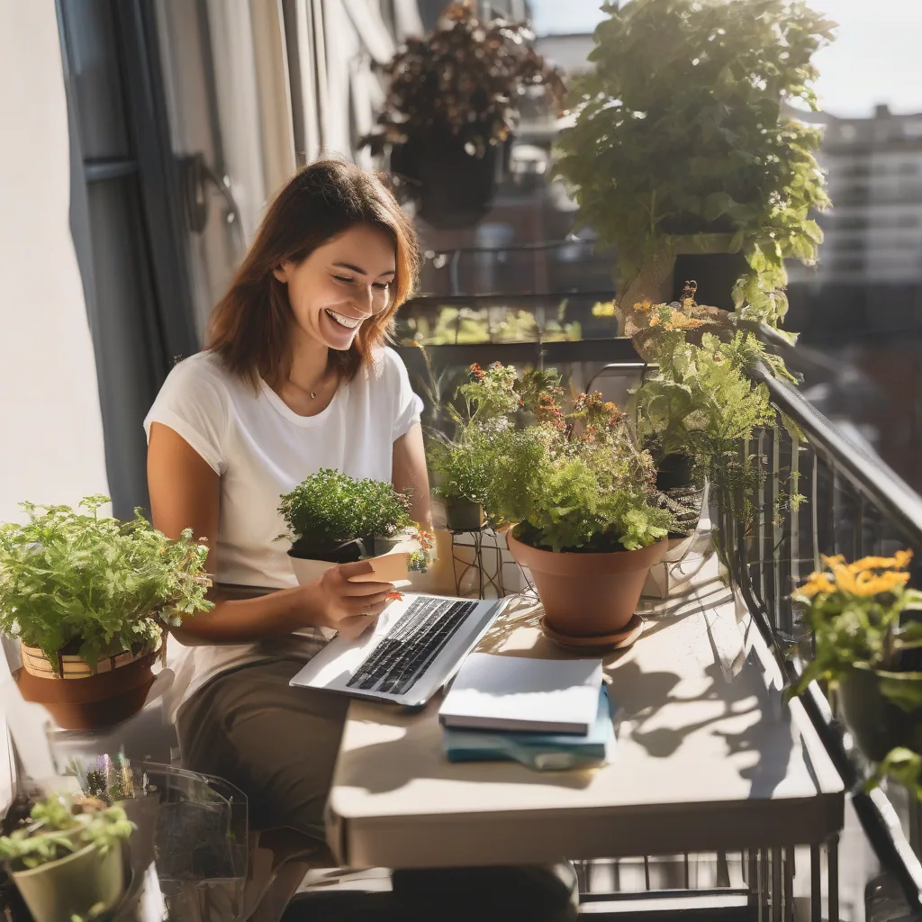 Person Smiling At A Small Container Garden On An Apartment