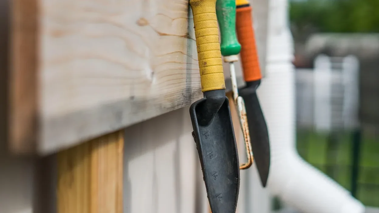 Essential beginner gardening tools laid out on grass: trowel, pruners, gloves, and watering can.