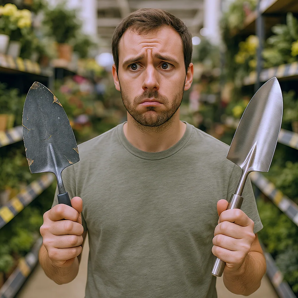 Person Holds A Broken Plastic Trowel And Quality Stainless Steel