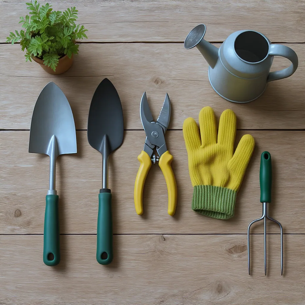Flat Lay Of A Trowel Pruners Gloves Watering Can And