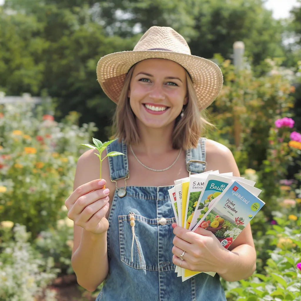 Smiling Beginner Gardener Holds A Seedling And Seed Packets In
