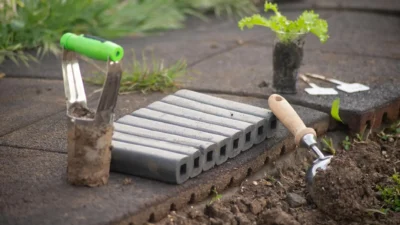Gardener planting young seedlings in soft soil during the cool, early morning hours.