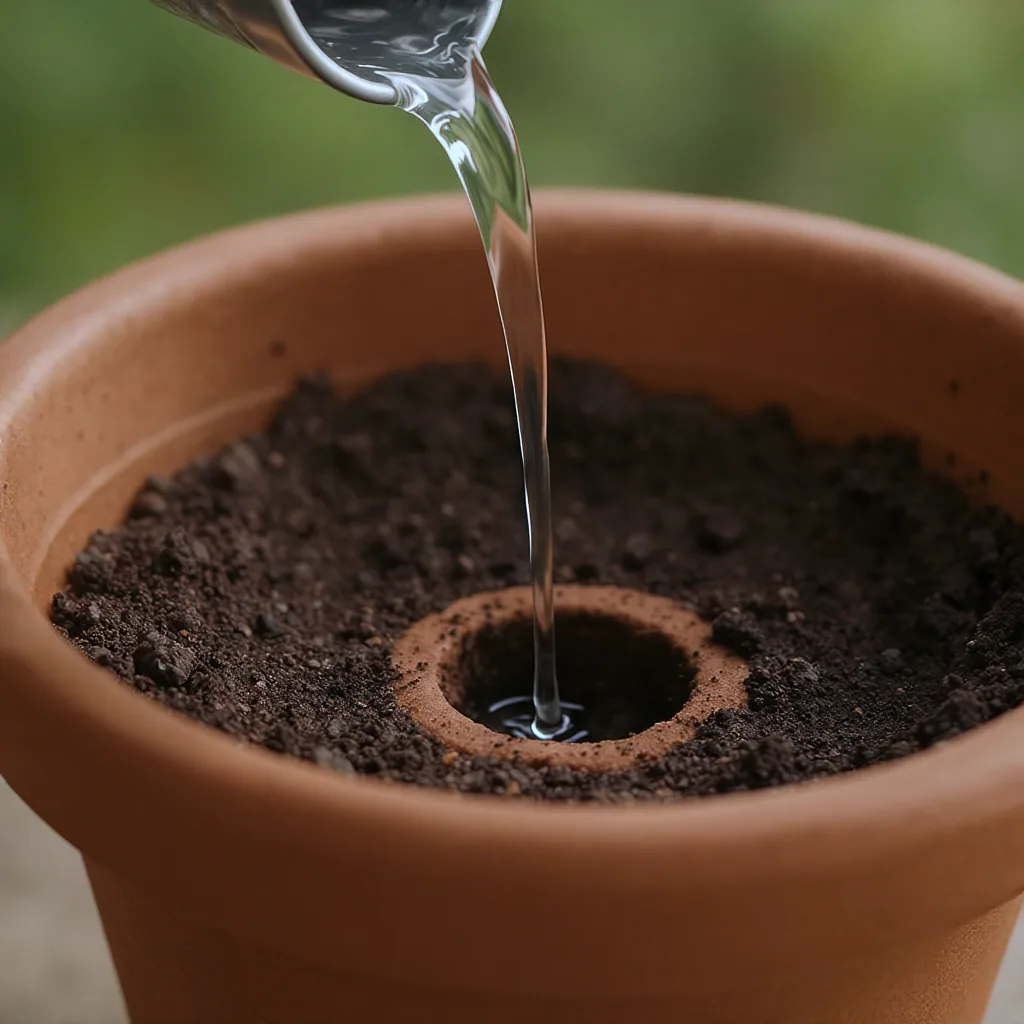 Water Being Poured Into A Plant Pot With Drip Emerging