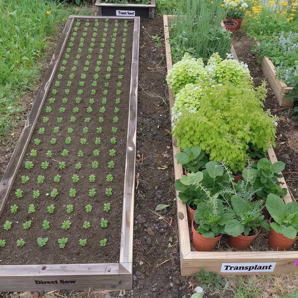 Side-by-side Garden Beds Comparing Direct Sowing And Transplanting Methods
