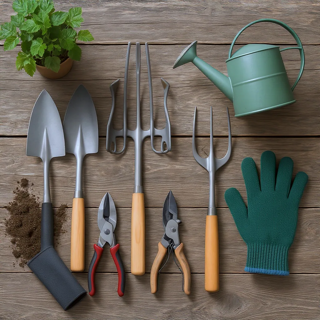 Flat Lay Of Gardening Tools Including A Trowel Pruners Fork