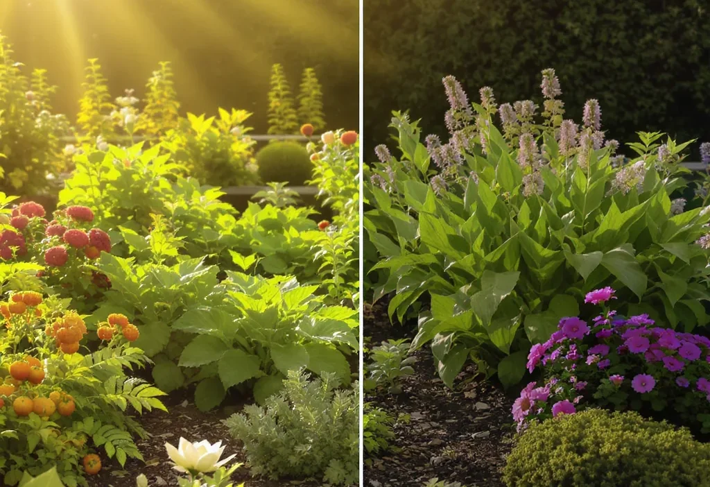 Illustrated guide showing the difference between full sun, partial sun, and shade for garden plants.