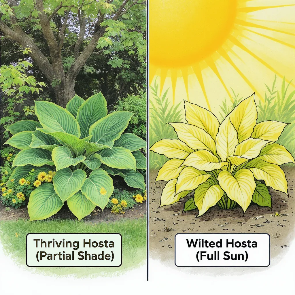 Illustration Comparing A Healthy Hosta In Shade To Wilted