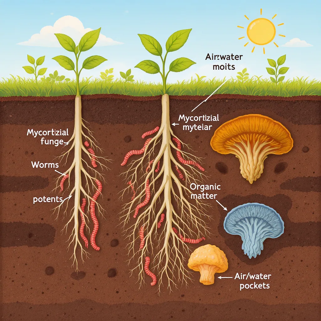 Cross-section Healthy Garden Soil With Roots Worms Fungi And Organic