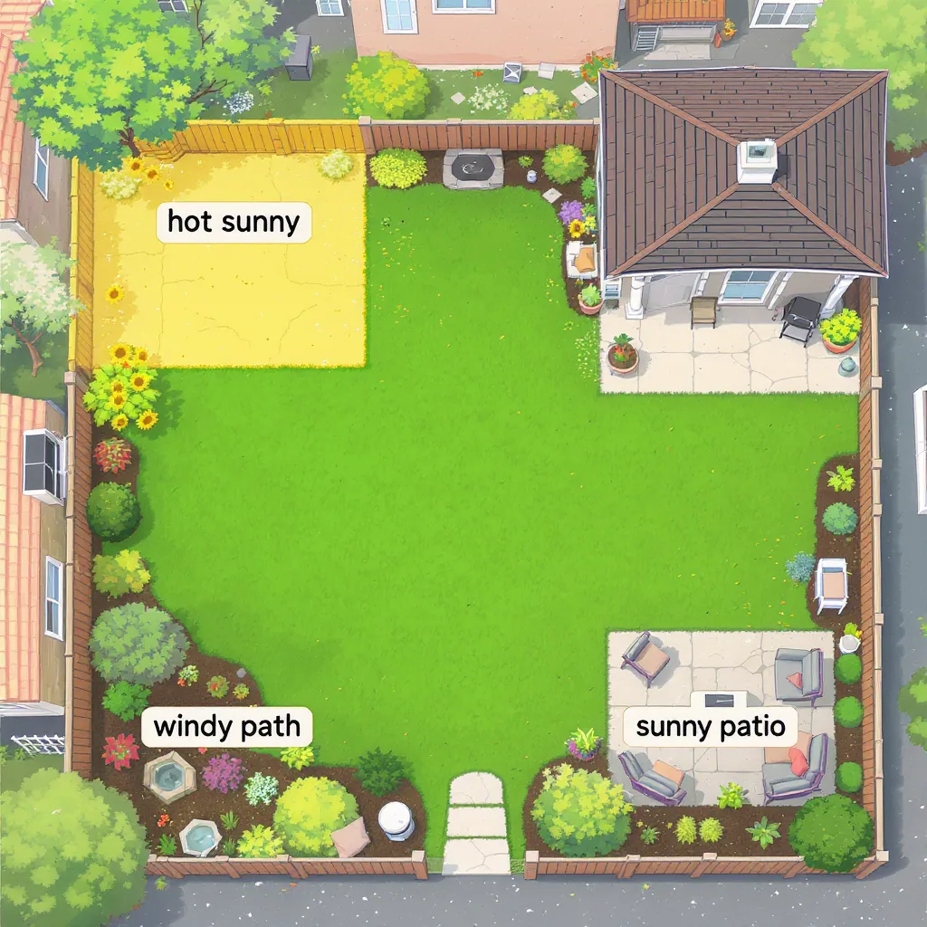 Illustrated Overhead View Of A Suburban Backyard With Zones Labeled
