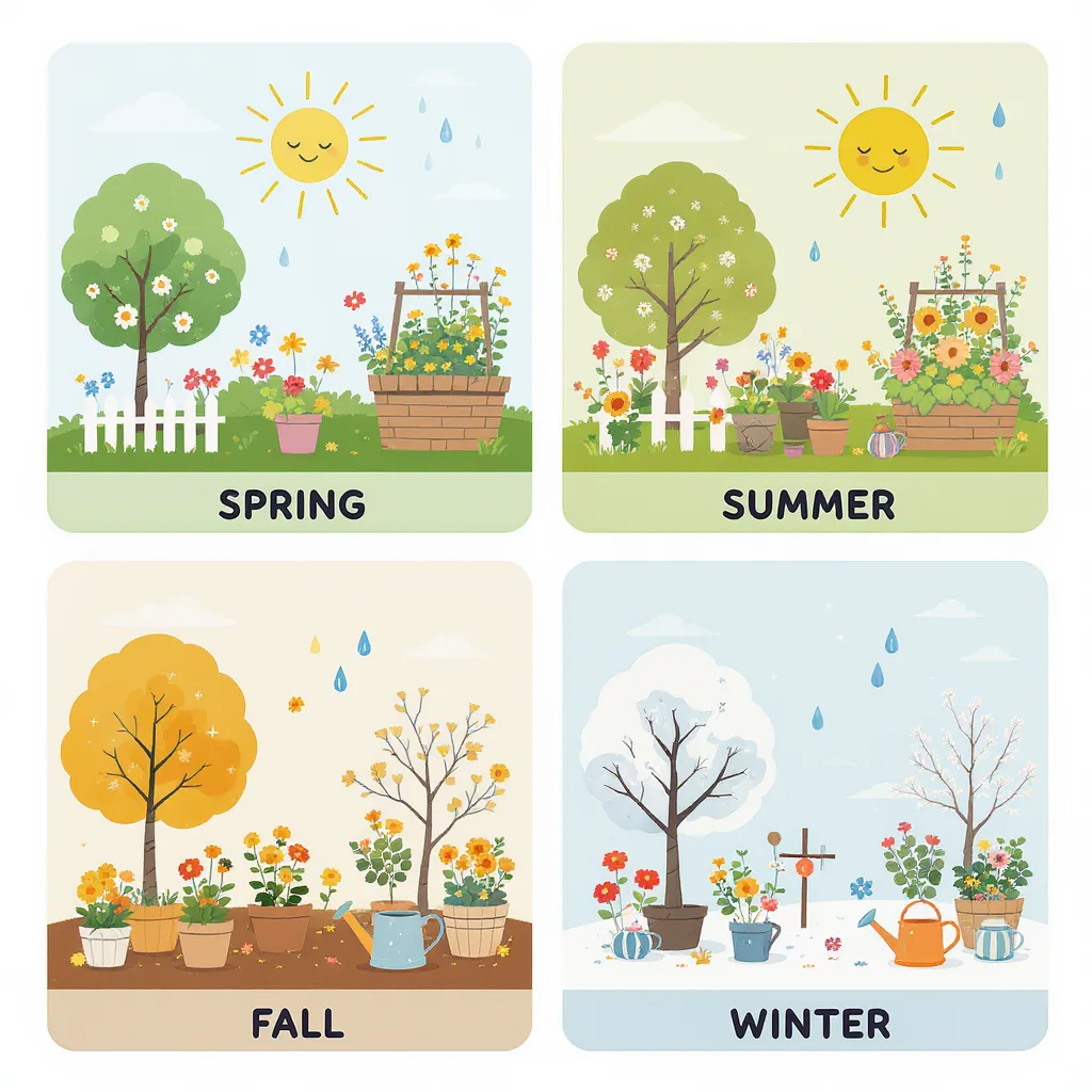 Illustrated Infographic Of Garden Scenes For Spring Summer Fall And