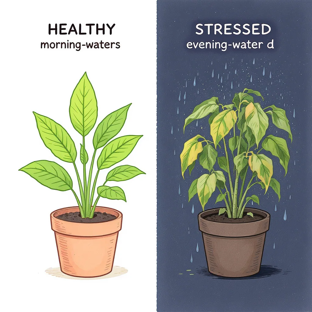 Side-by-side Illustration Comparing Morning And Evening Watering Effects On Plants