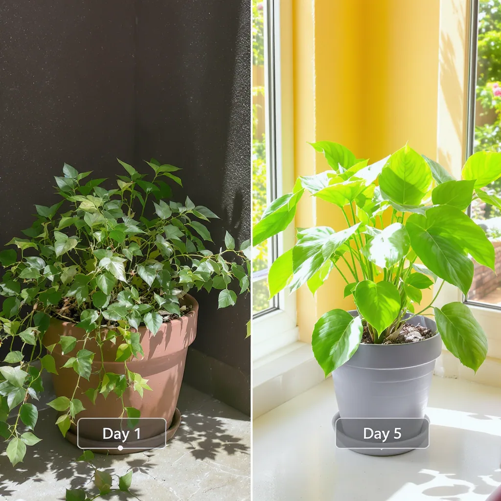 Side-by-side Comparison Of A Plant Moving From Shade To Sun