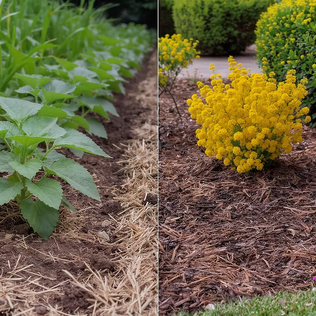 Side-by-side Comparison Of A Straw-mulched Vegetable Garden And Bark-mulched Ornamental