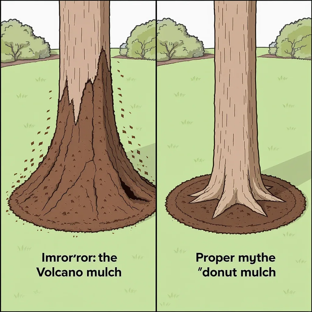 Illustration Comparing Incorrect Volcano Mulch And Correct Donut Around A