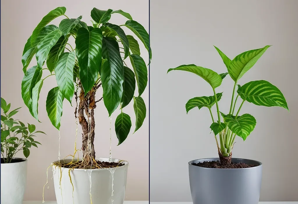 Side-by-side comparison of an overwatered yellow leaf and an underwatered wilted leaf on a houseplant.