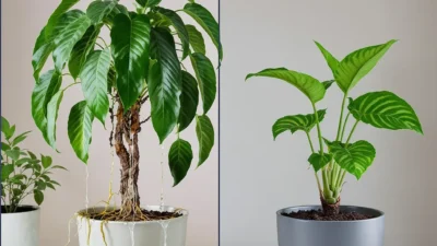 Side-by-side comparison of an overwatered yellow leaf and an underwatered wilted leaf on a houseplant.