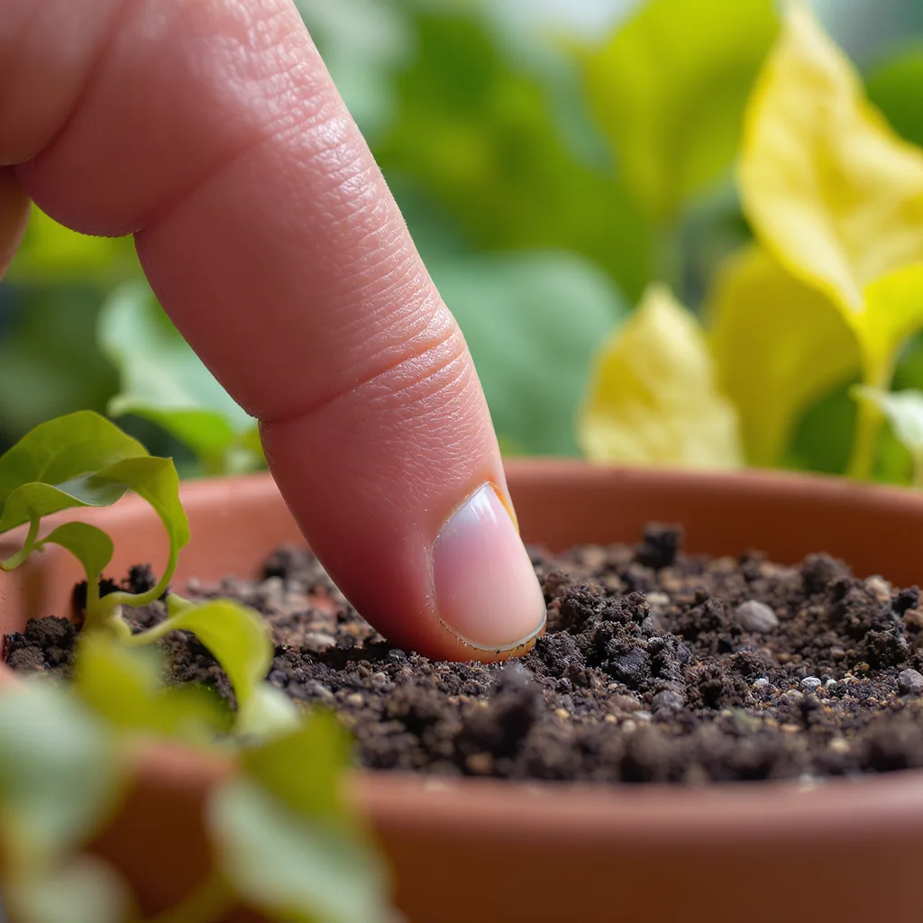 A Finger Testing Soil Moisture In Pot With Healthy And