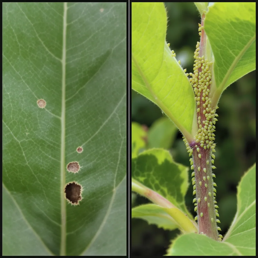 Two Leaves One With Caterpillar Damage And The Other Aphids