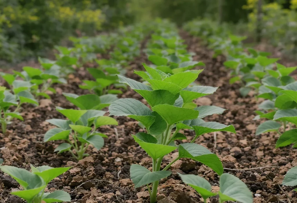 Overcrowded tomato plants with yellowing leaves due to insufficient spacing in a garden bed.