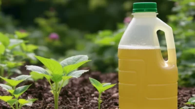 Side-by-side comparison of slow-release fertilizer granules and liquid fertilizer being poured into a plant pot.