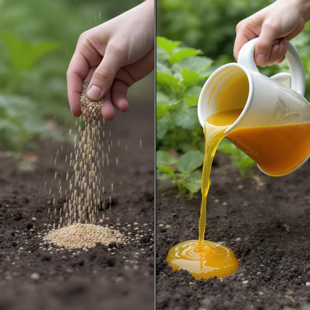 Side-by-side Comparison Of Applying Granular Versus Liquid Fertilizer