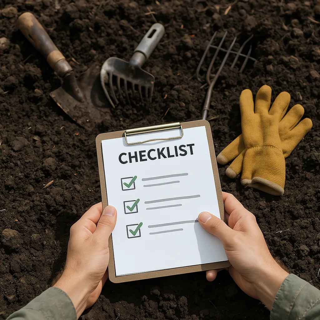 Gardener's Hands Holding A Checklist Next To Small Pile Of
