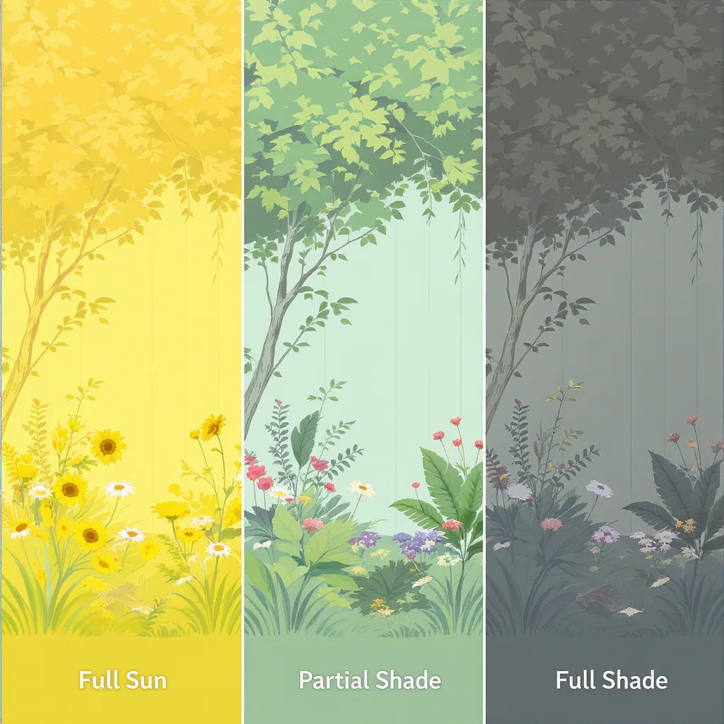 Illustration Comparing Full Sun Partial Shade And Garden Light Conditions