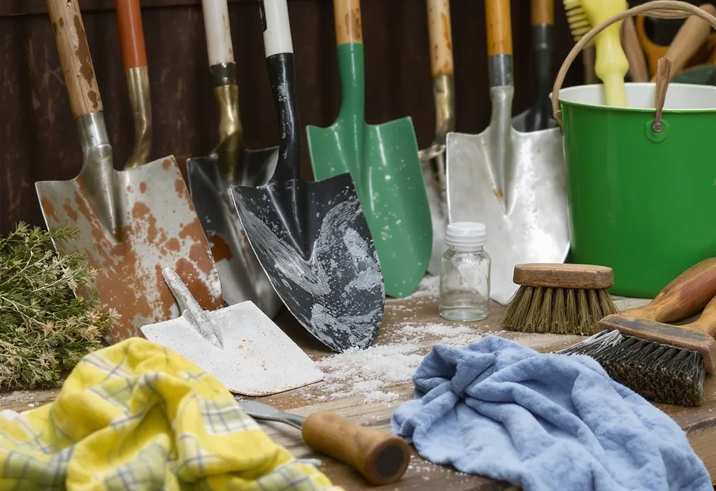 Properly cleaned and organized garden tools including pruners, trowel, and shears on a workbench.