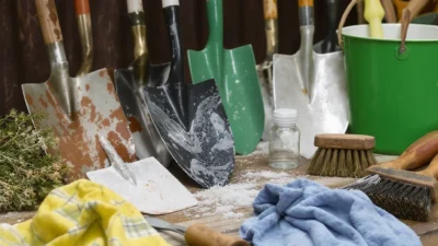 Properly cleaned and organized garden tools including pruners, trowel, and shears on a workbench.