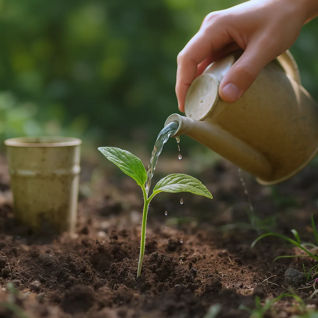 Gardener's Hands Watering A Wilted Seedling In Dappled Shade With