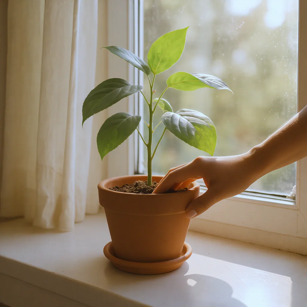 Person Touching The Soil Of A Potted Plant In Morning