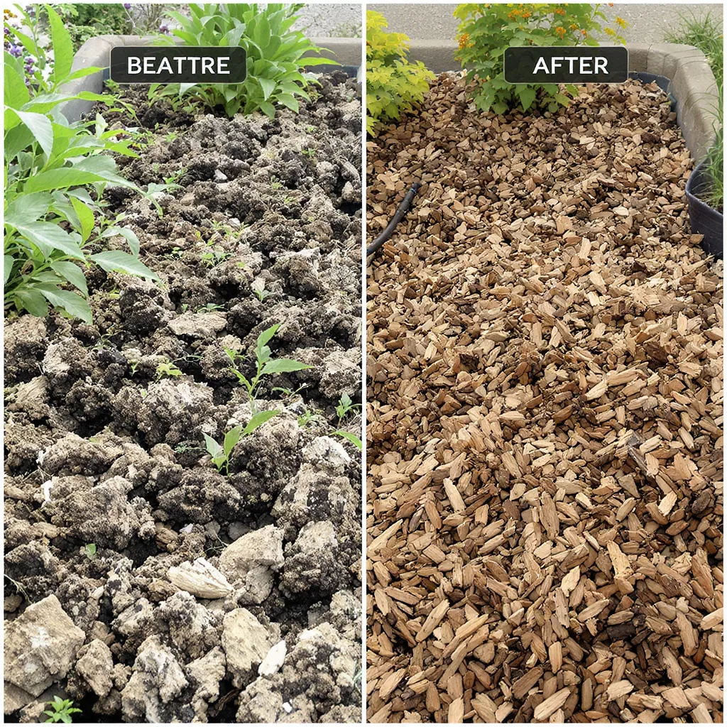 Side-by-side Comparison Of A Garden Bed With Thin Mulch And