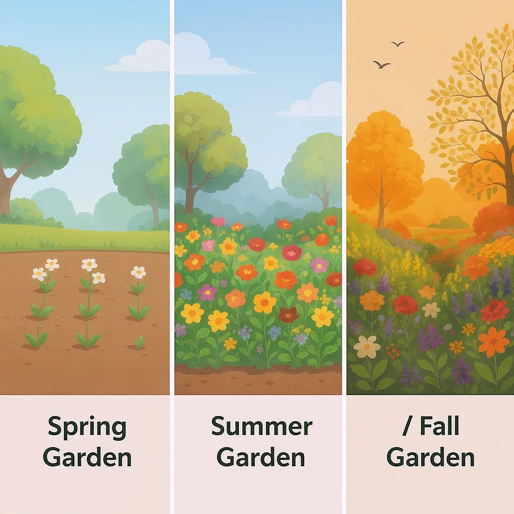 Side-by-side Illustrations Of A Garden In Spring Summer And Fall