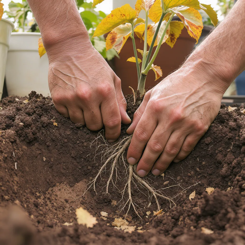 Hands Checking Soil Moisture Near Plant Roots With Dry Leaves.