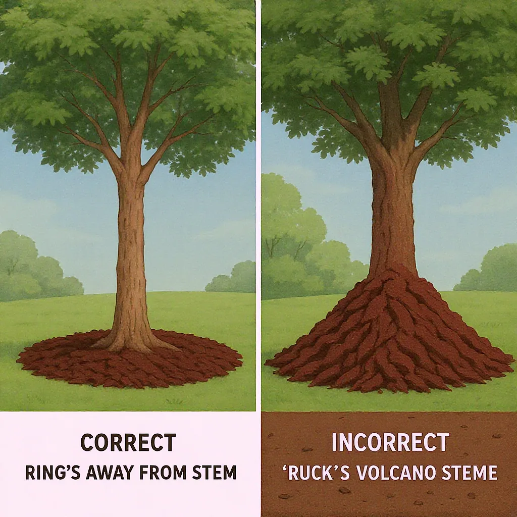 Side-by-side Illustration Comparing Correct And Incorrect Tree Mulching Methods