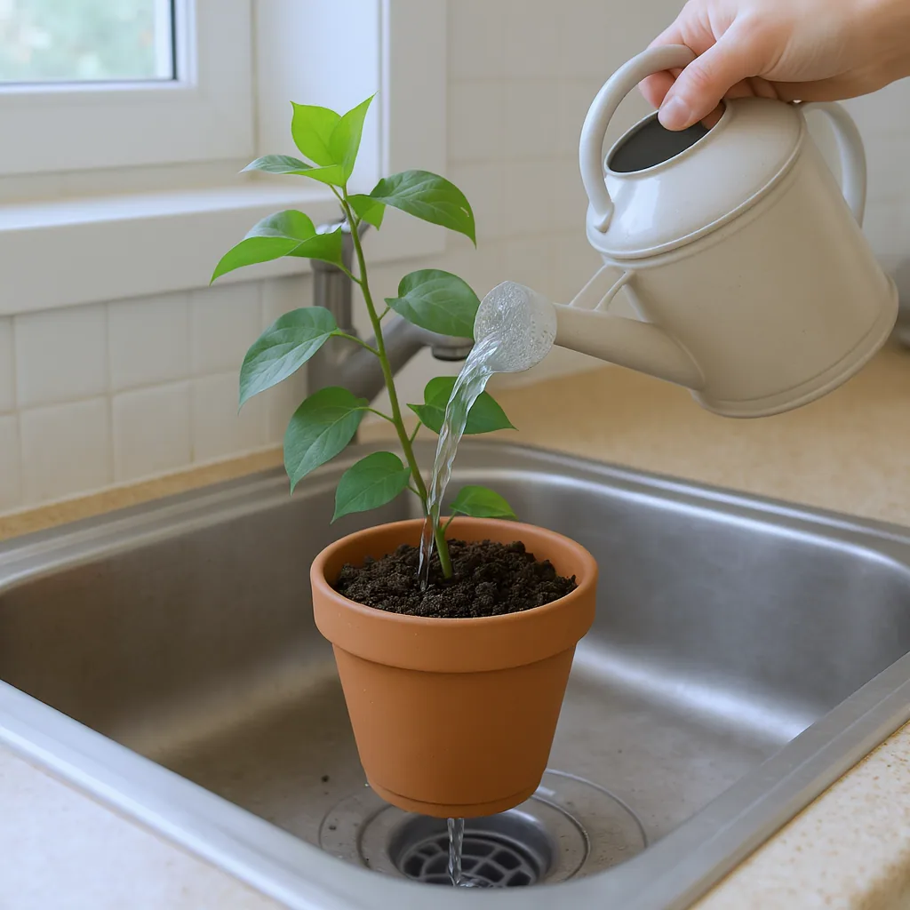 Person Watering A Houseplant In Sink Showing Water Draining From